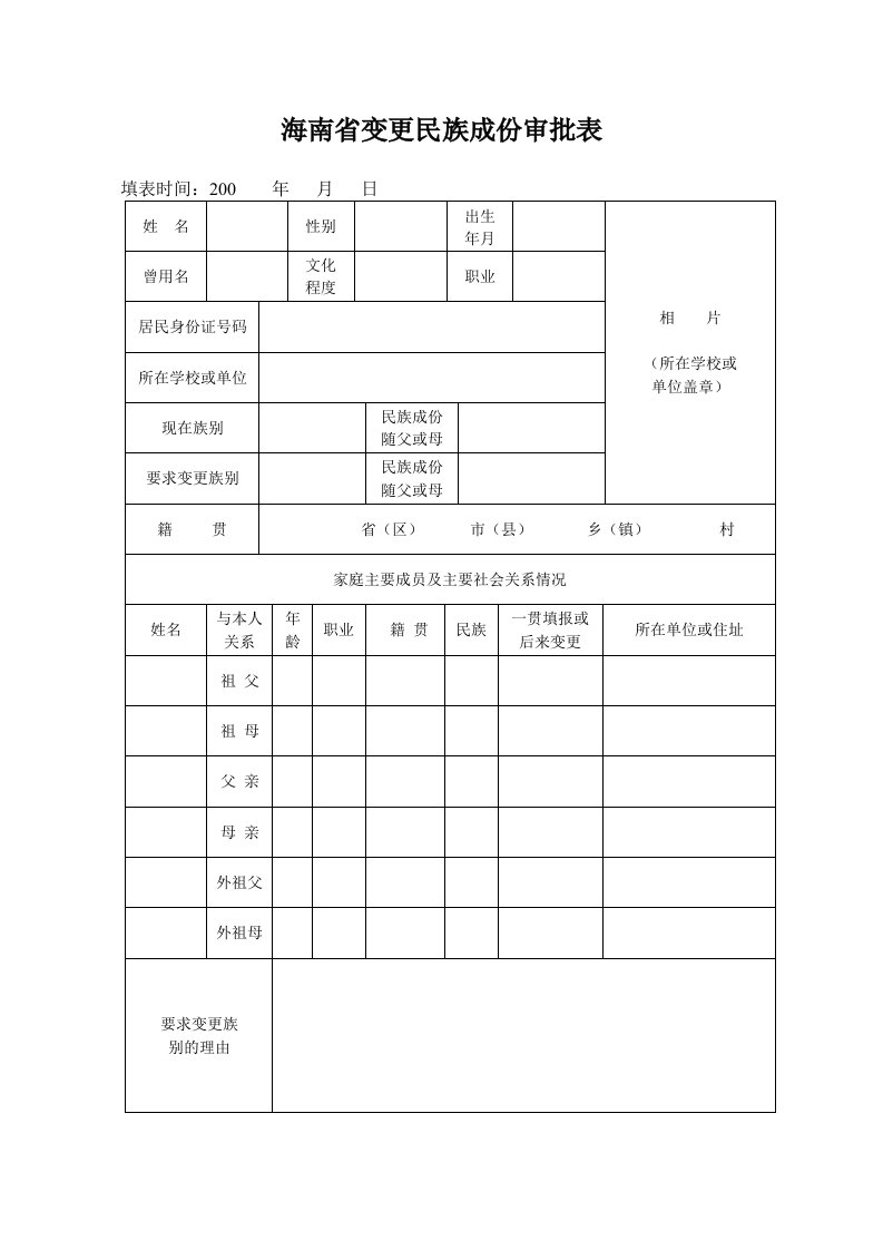 海南省变更民族成份审批表