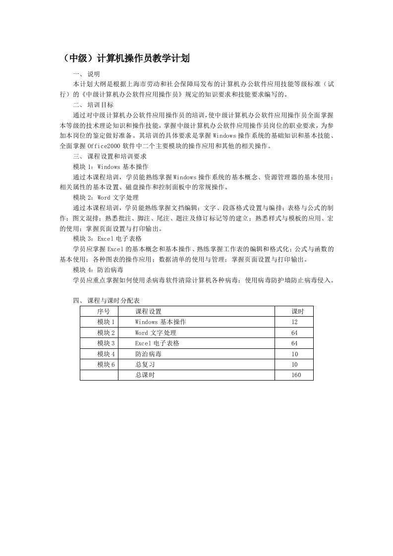 计算机操作员(中级)培训计划及大纲