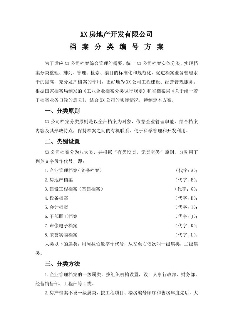 房地产开发有限公司档案管理分类方案