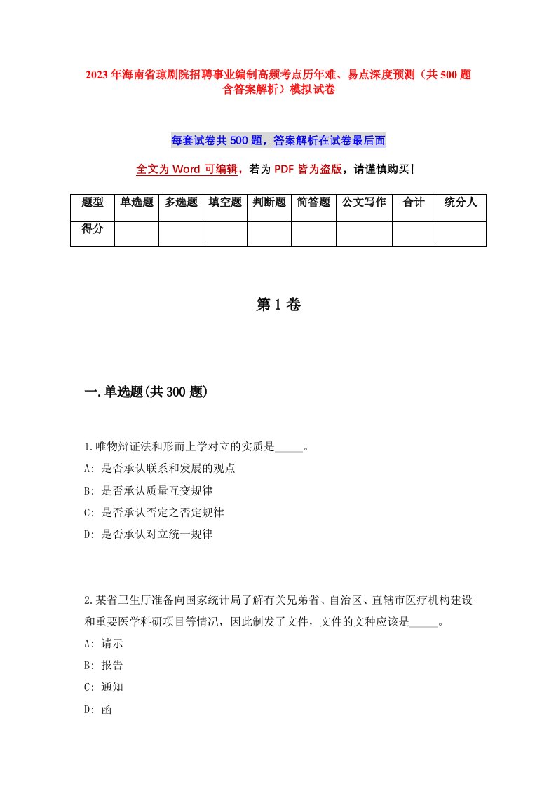 2023年海南省琼剧院招聘事业编制高频考点历年难易点深度预测共500题含答案解析模拟试卷