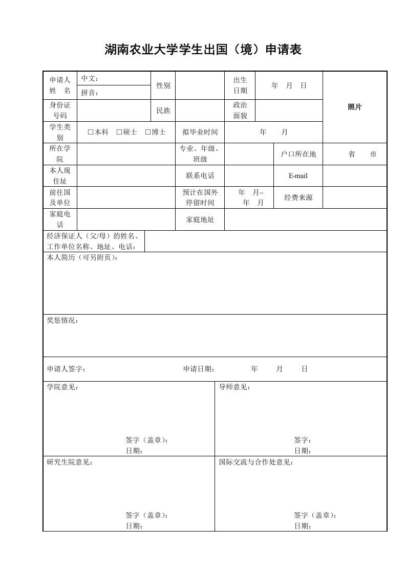 湖南农业大学学生出国(境)申请表