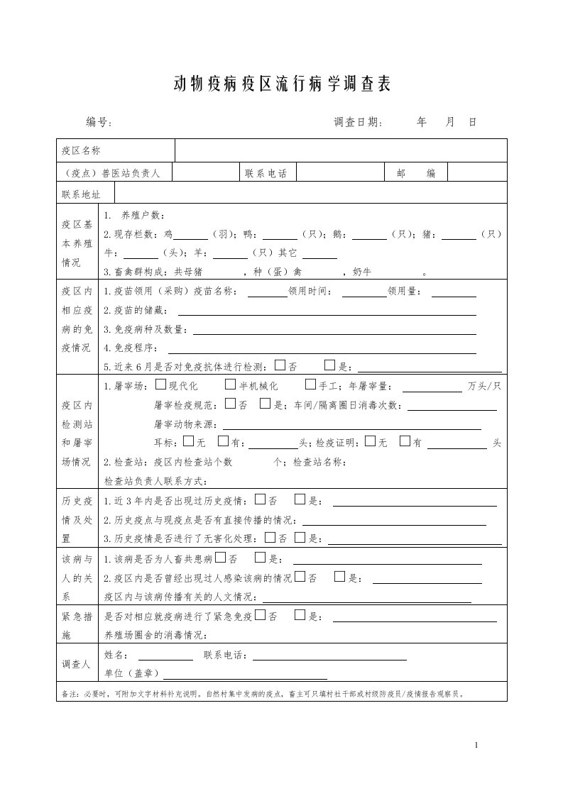 动物疫病疫区流行病学调查表