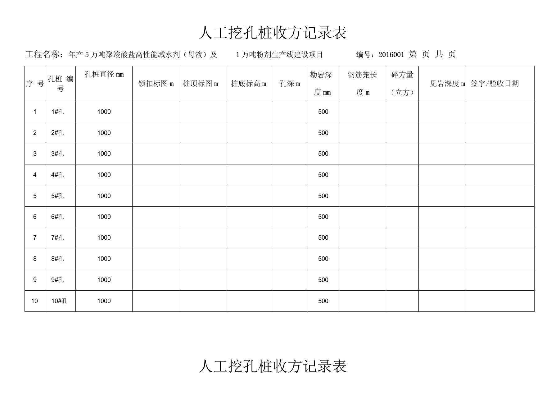 人工挖孔桩收方记录表