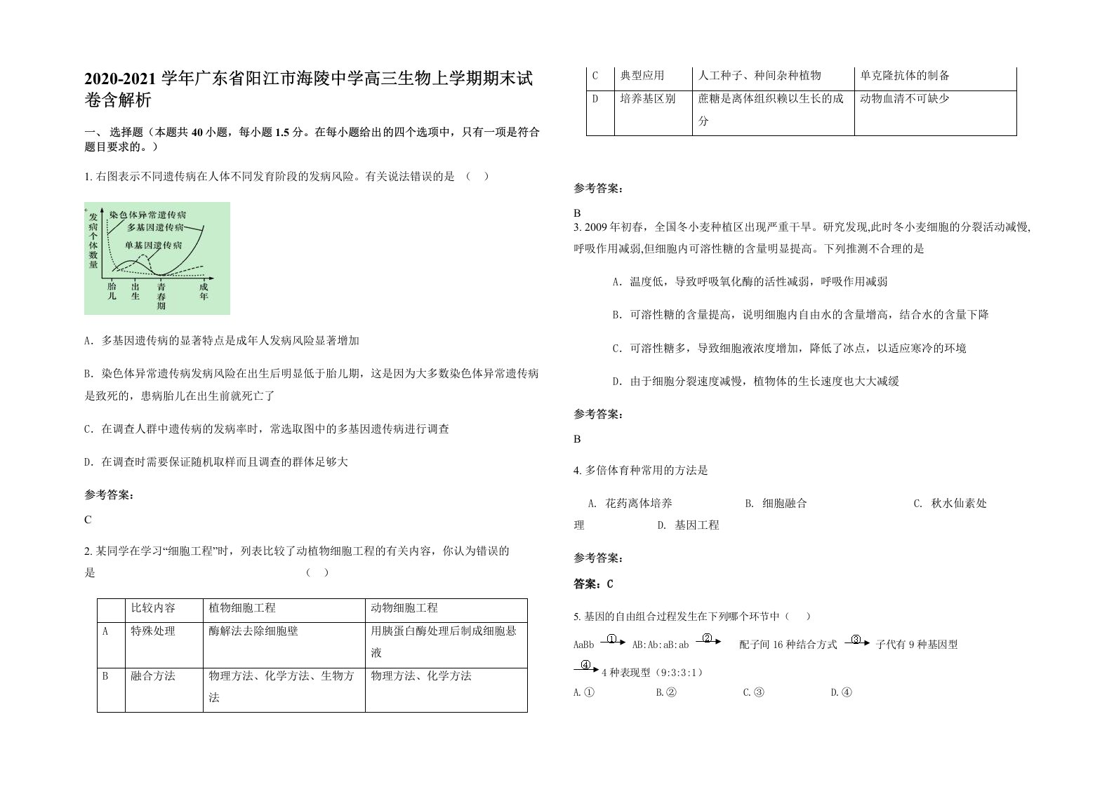 2020-2021学年广东省阳江市海陵中学高三生物上学期期末试卷含解析