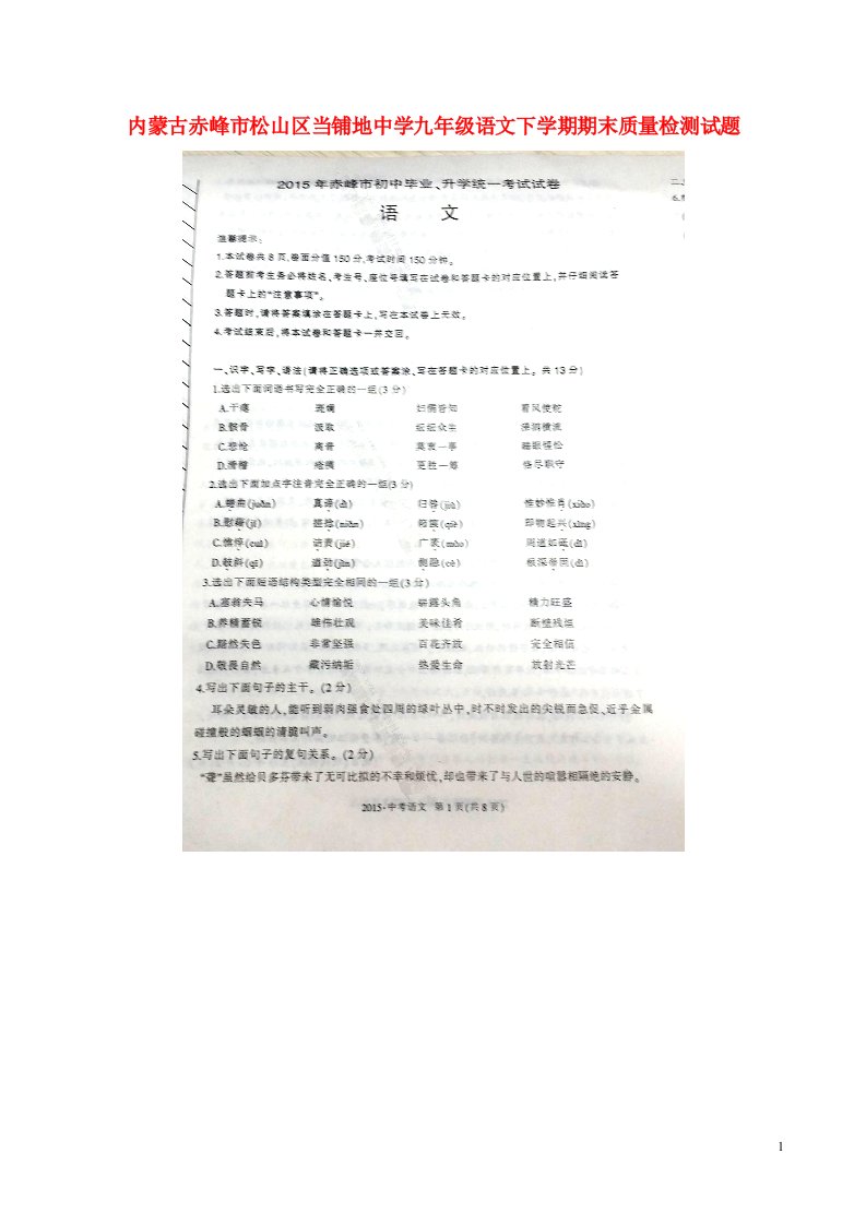 内蒙古赤峰市松山区当铺地中学九级语文下学期期末质量检测试题（扫描版，无答案）