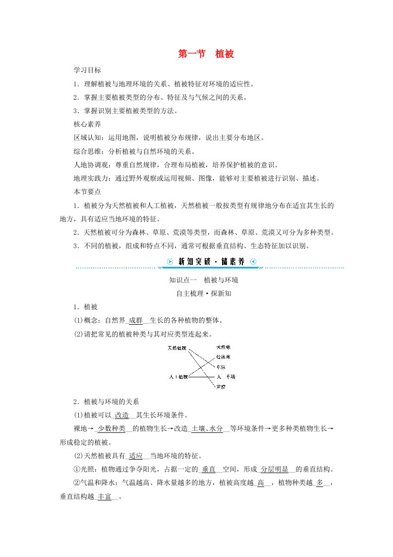 新教材适用2023_2024学年高中地理第五章植被与土壤第一节植被学案新人教版必修第一册