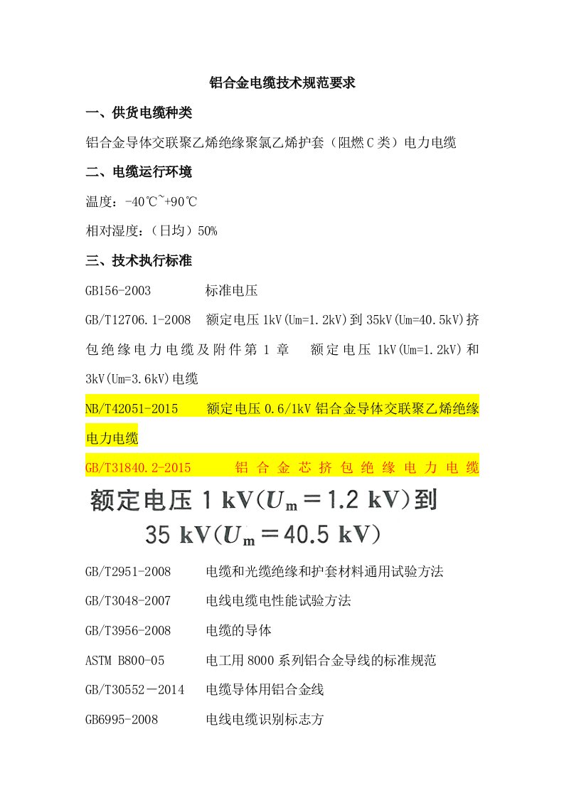 铝合金电缆技术规范标准