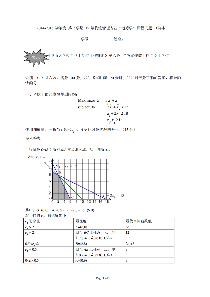 运筹学期末考试试题及参考答案