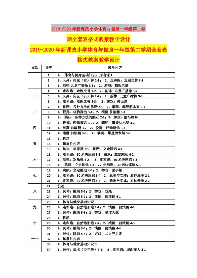 2019-2020年新课改小学体育与健身一年级第二学期全套表格式教案教学设计