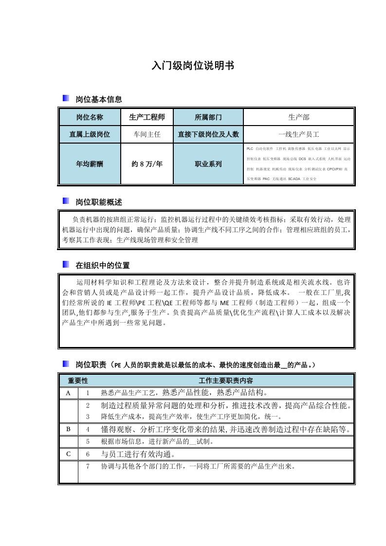 机械工程师岗位说明书