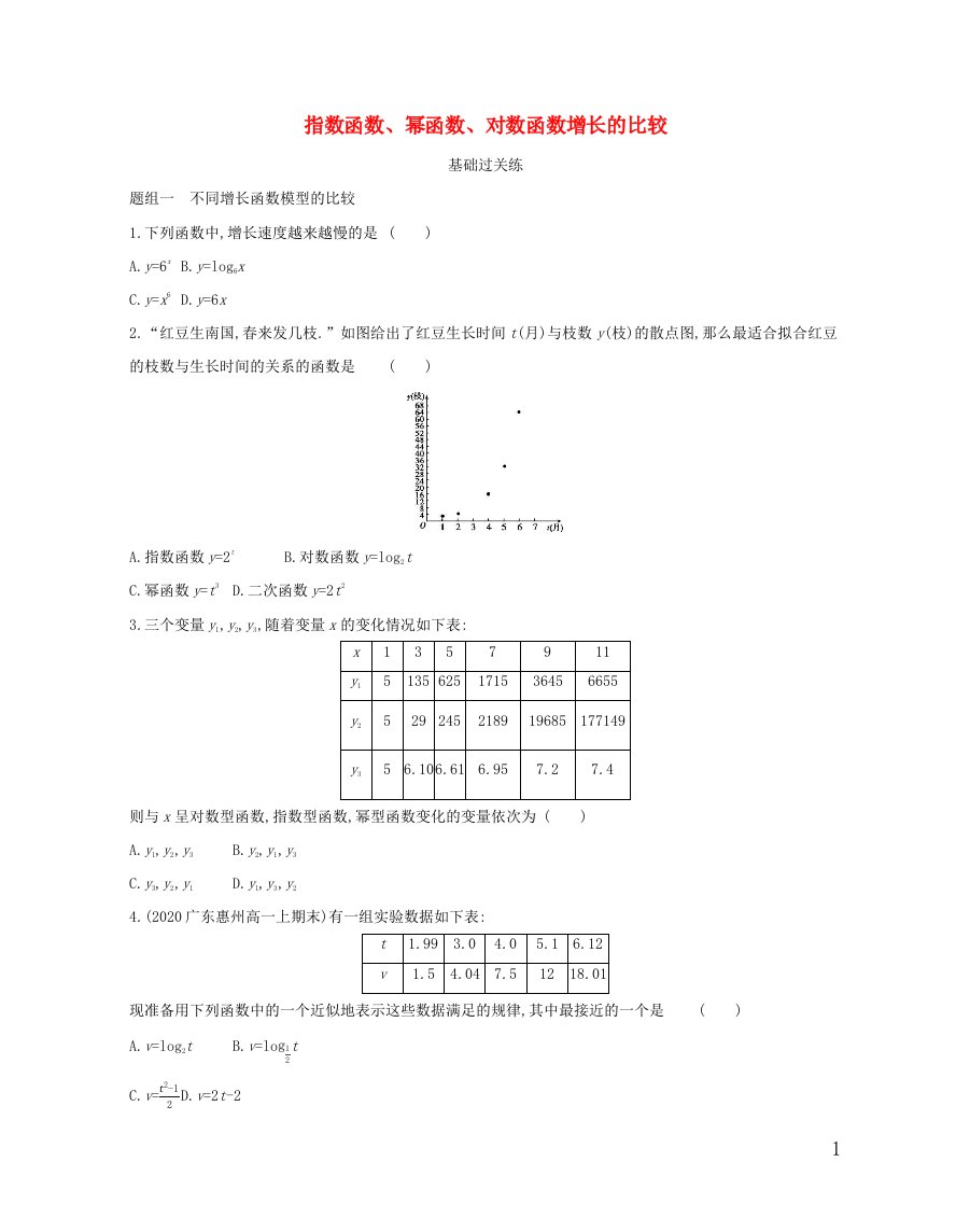 2022版高中数学第三章指数函数和对数函数6指数函数幂函数对数函数增长的比较提升训练含解析北师大版必修1