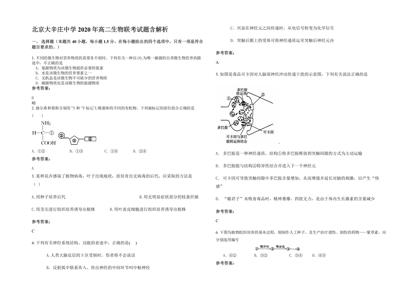 北京大辛庄中学2020年高二生物联考试题含解析