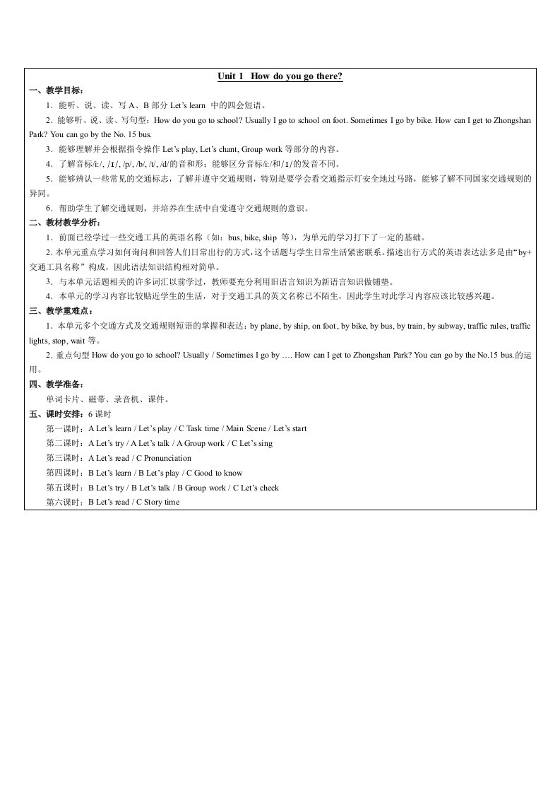 人教版PEP小学英语六年级上册全册表格教案