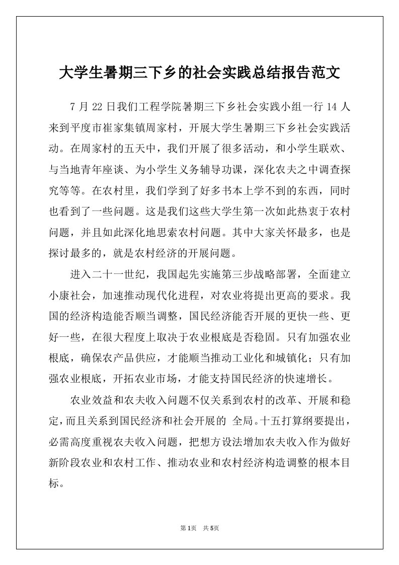 大学生暑期三下乡的社会实践总结报告范文