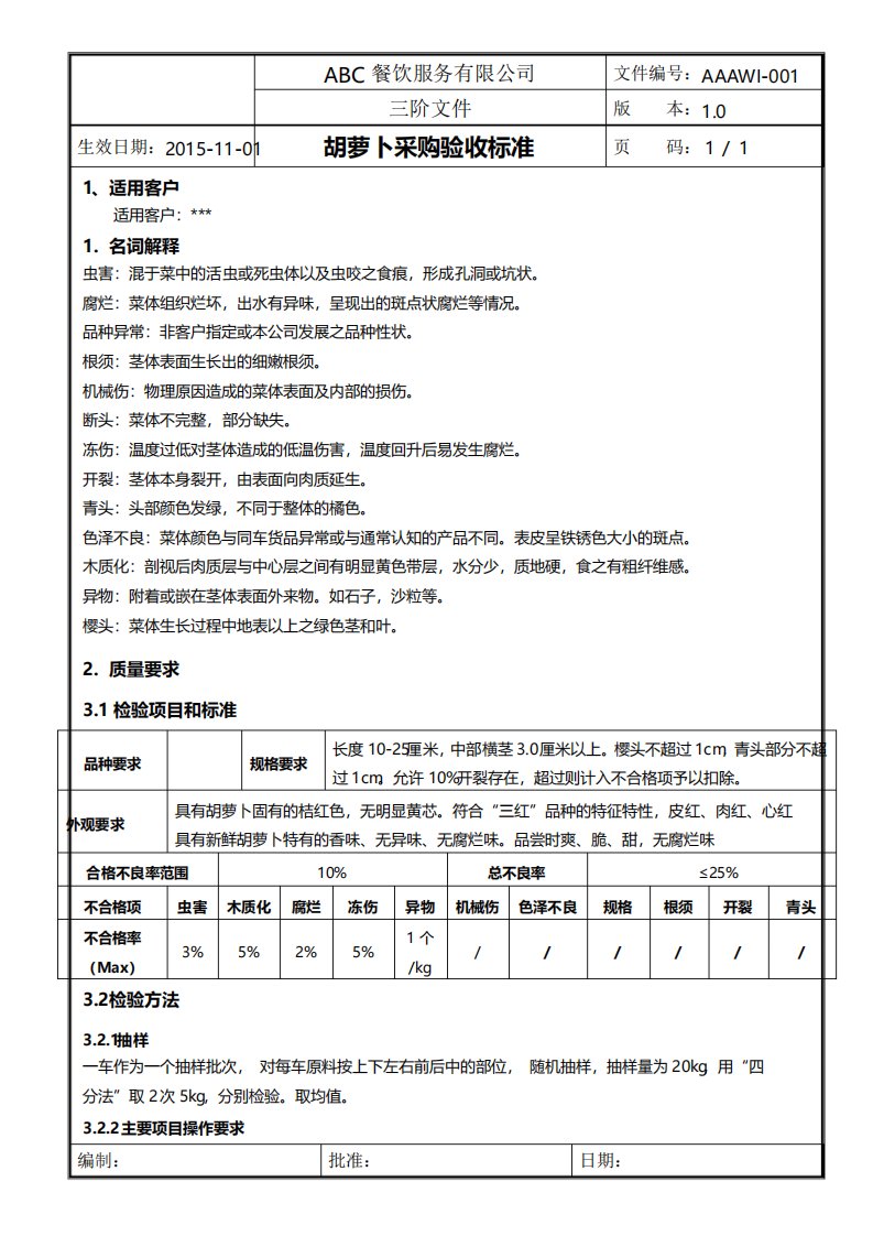 胡萝卜采购验收标准