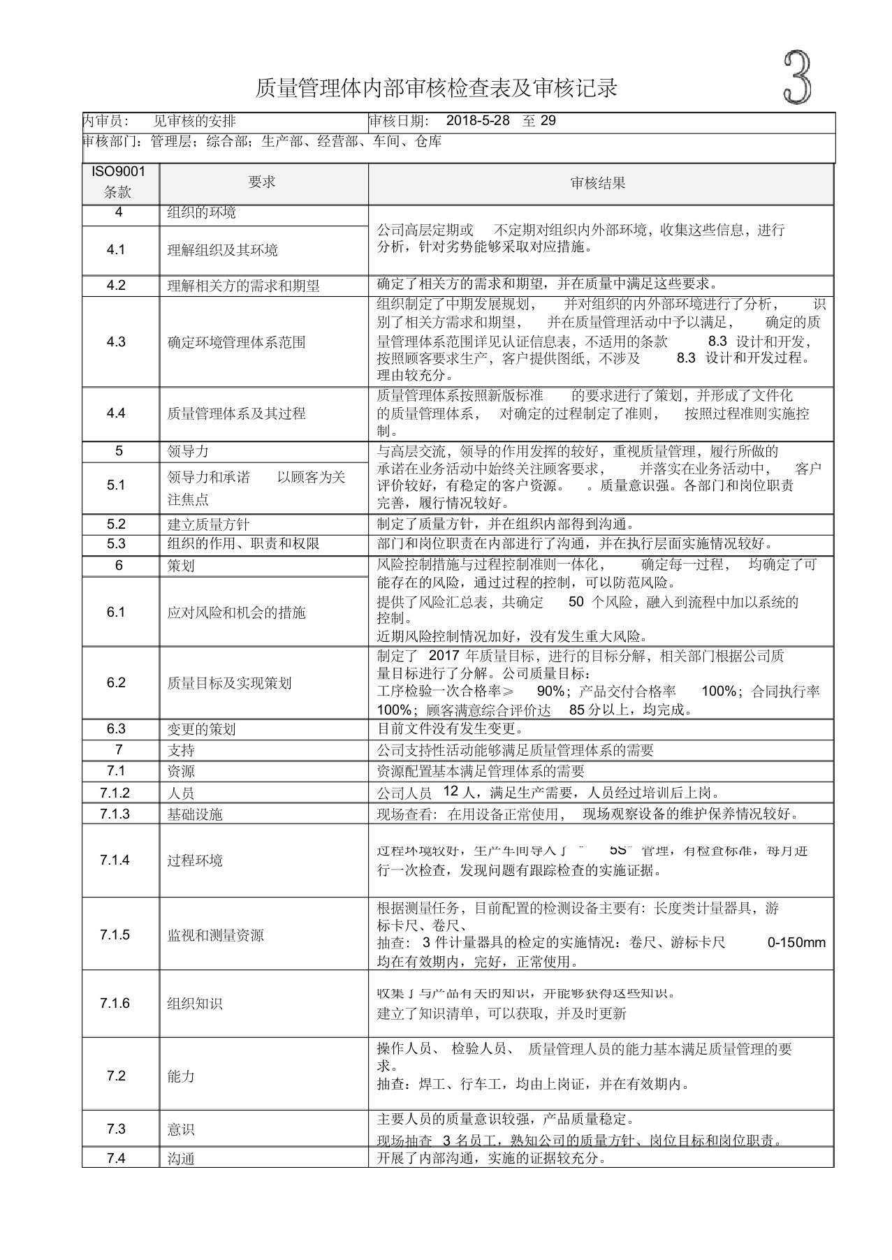 ISO9001-2015内部审核检查表及审核记录模版