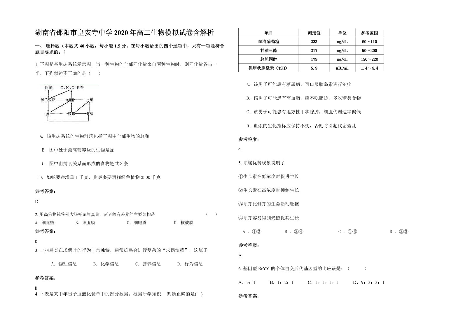 湖南省邵阳市皇安寺中学2020年高二生物模拟试卷含解析