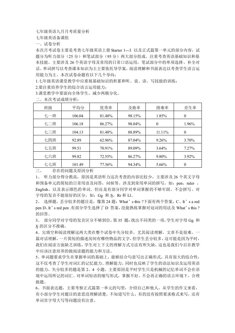 七年级英语九月月考质量分析