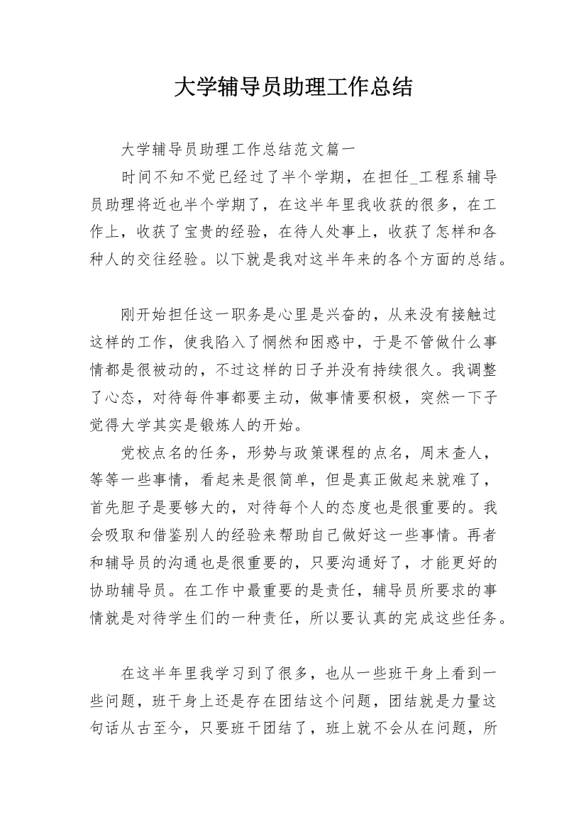 大学辅导员助理工作总结