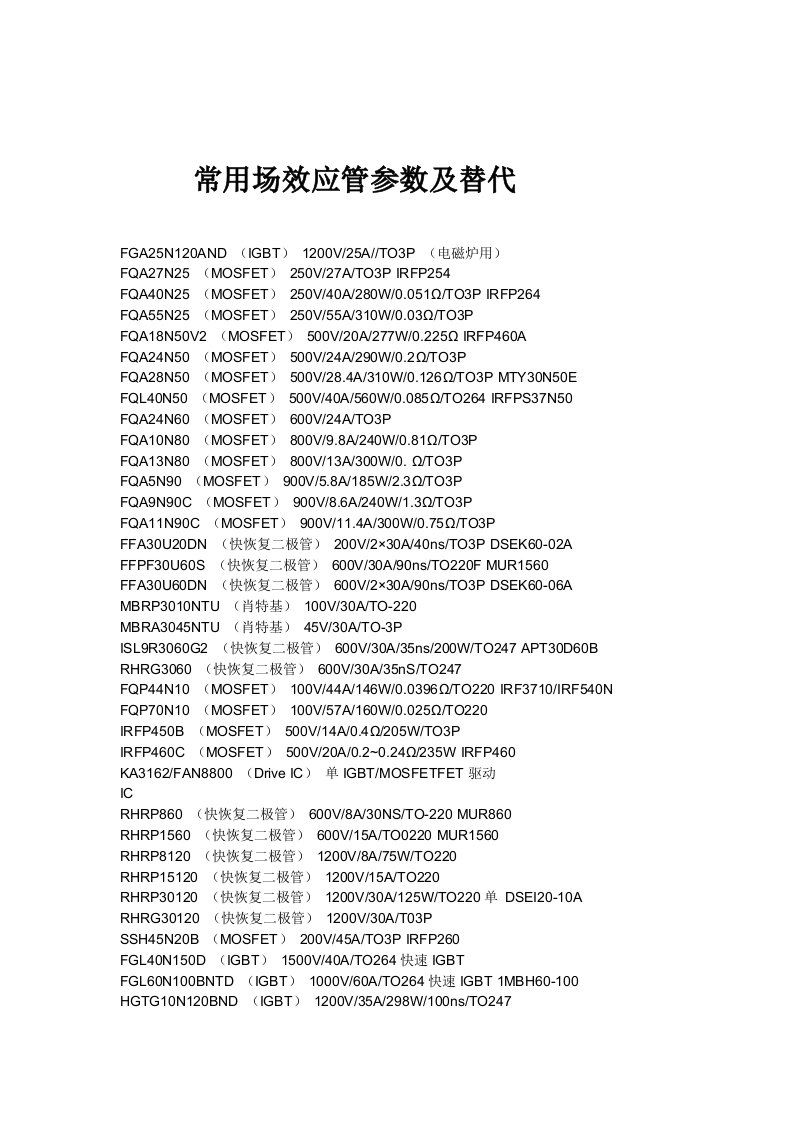 常用场效应管参数及代换