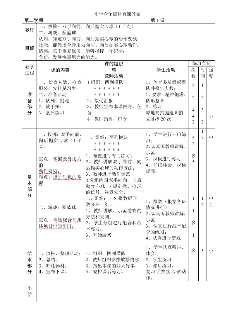 小学六年级体育课教案一