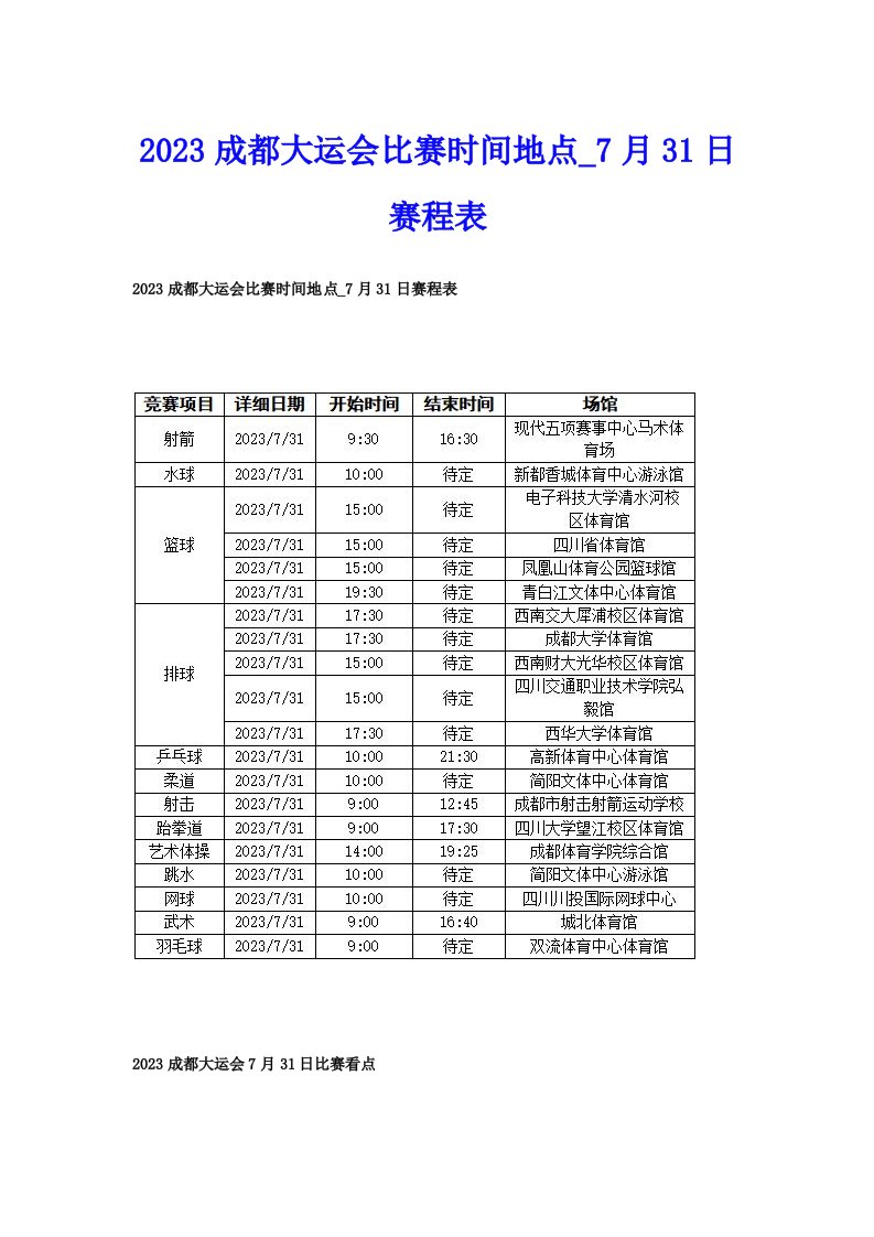 2023成都大运会比赛时间地点_7月31日赛程表