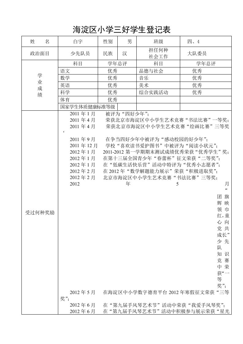 三好学生登记表