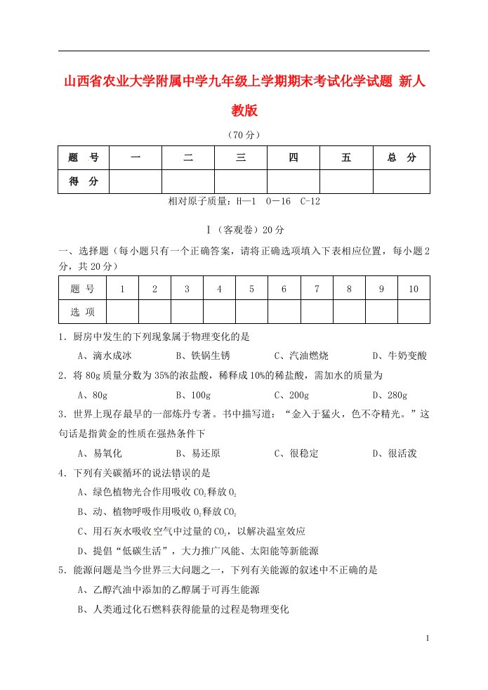 山西省农业大学附属中学九级化学上学期期末考试试题