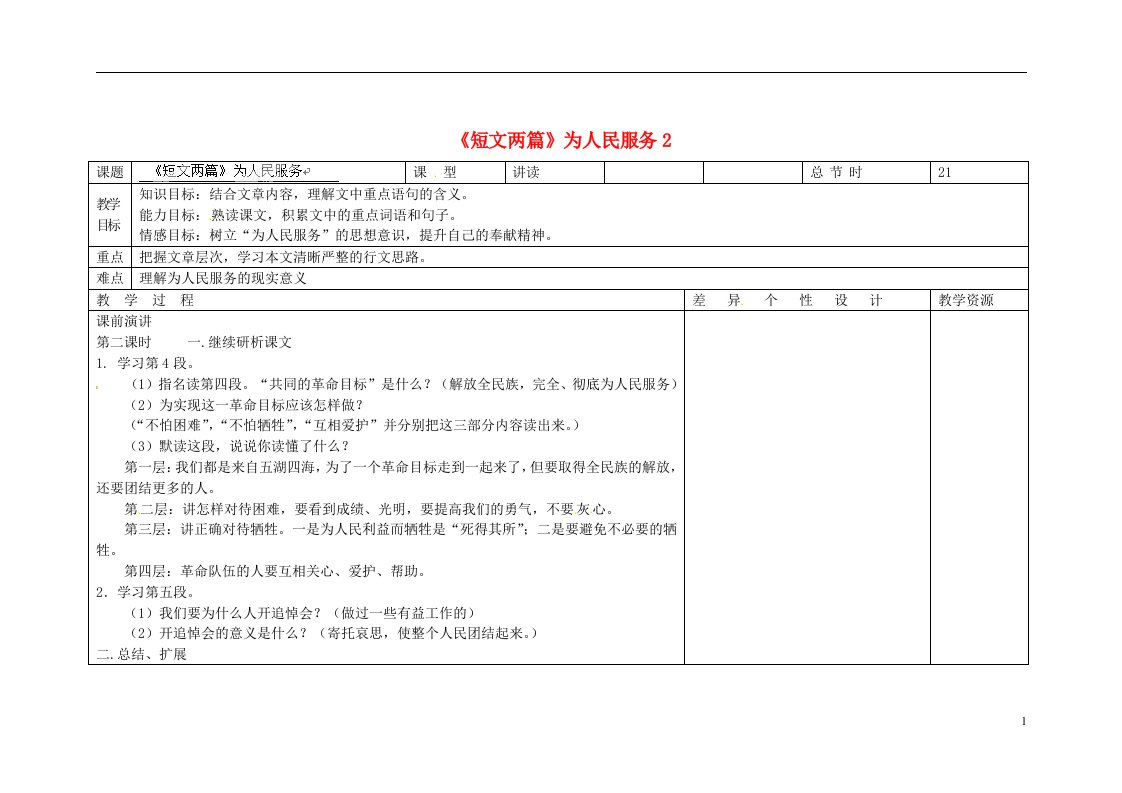 吉林省长市第一零四中学九年级语文上册《短文两篇》为人民服务教案2