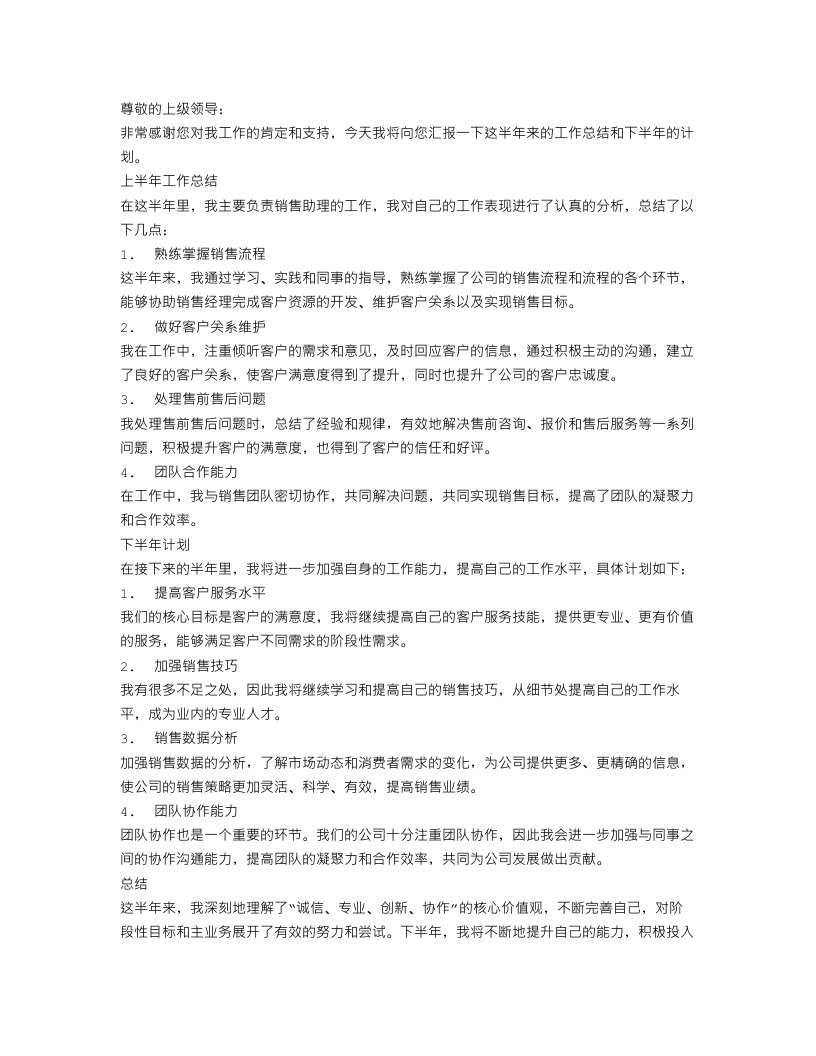 销售助理上半年工作总结及下半年计划