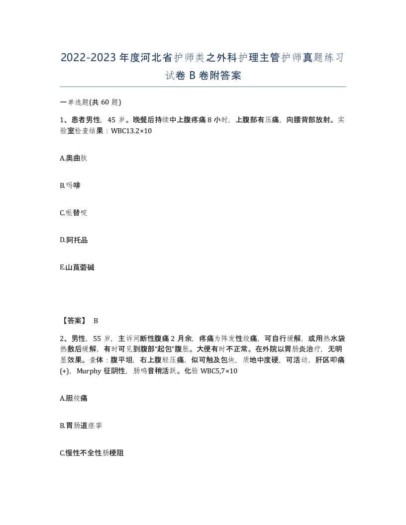 2022-2023年度河北省护师类之外科护理主管护师真题练习试卷B卷附答案