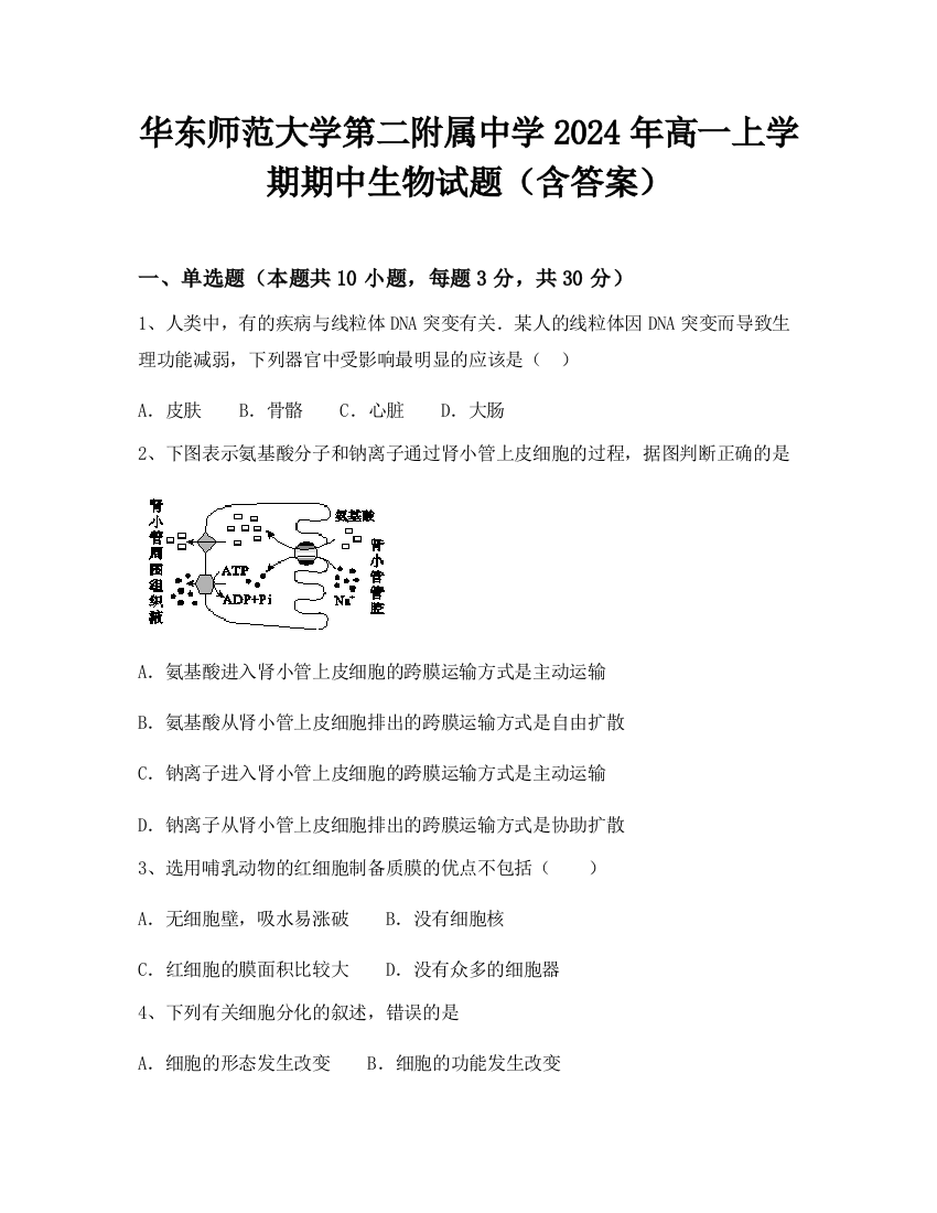 华东师范大学第二附属中学2024年高一上学期期中生物试题（含答案）