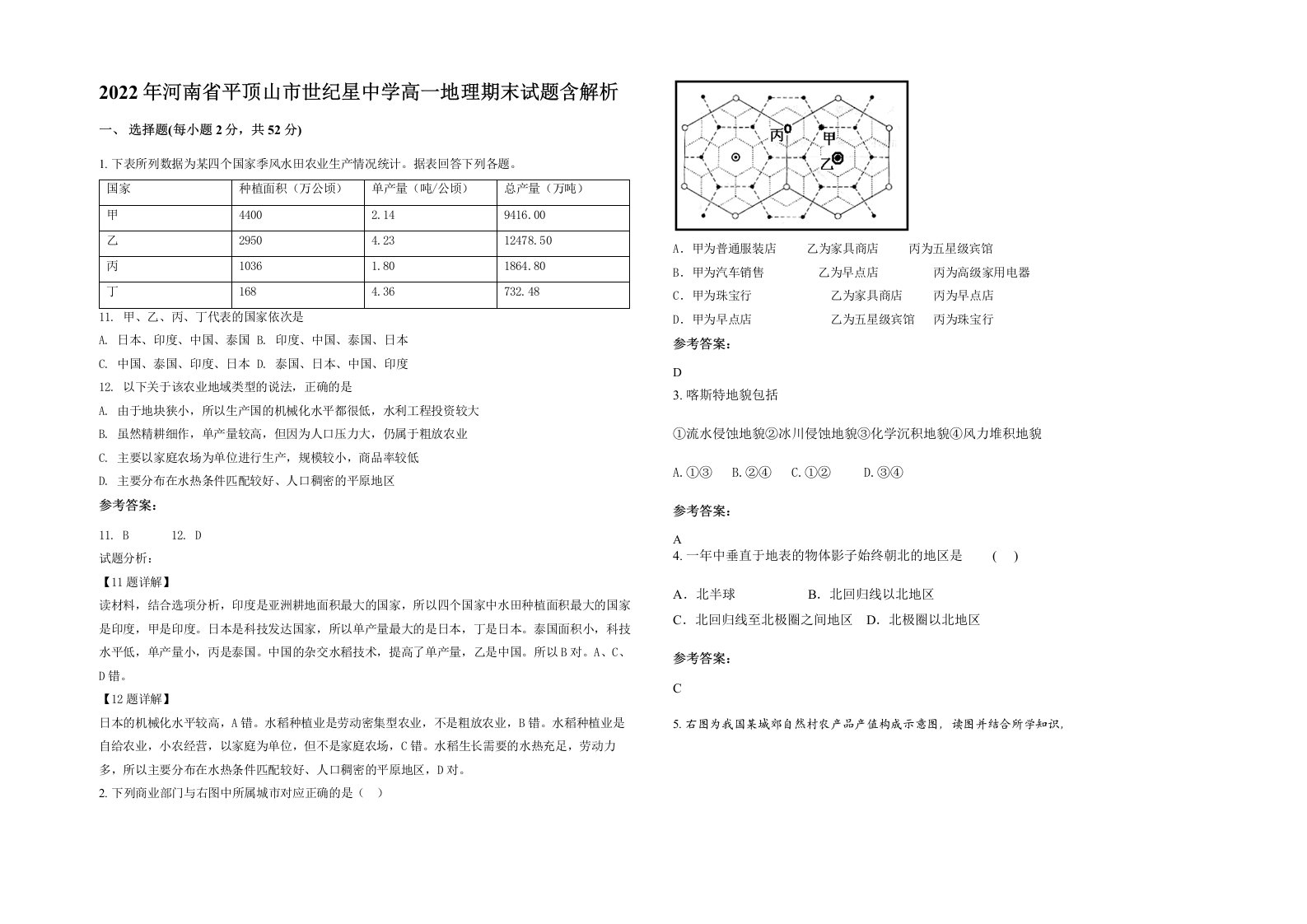 2022年河南省平顶山市世纪星中学高一地理期末试题含解析