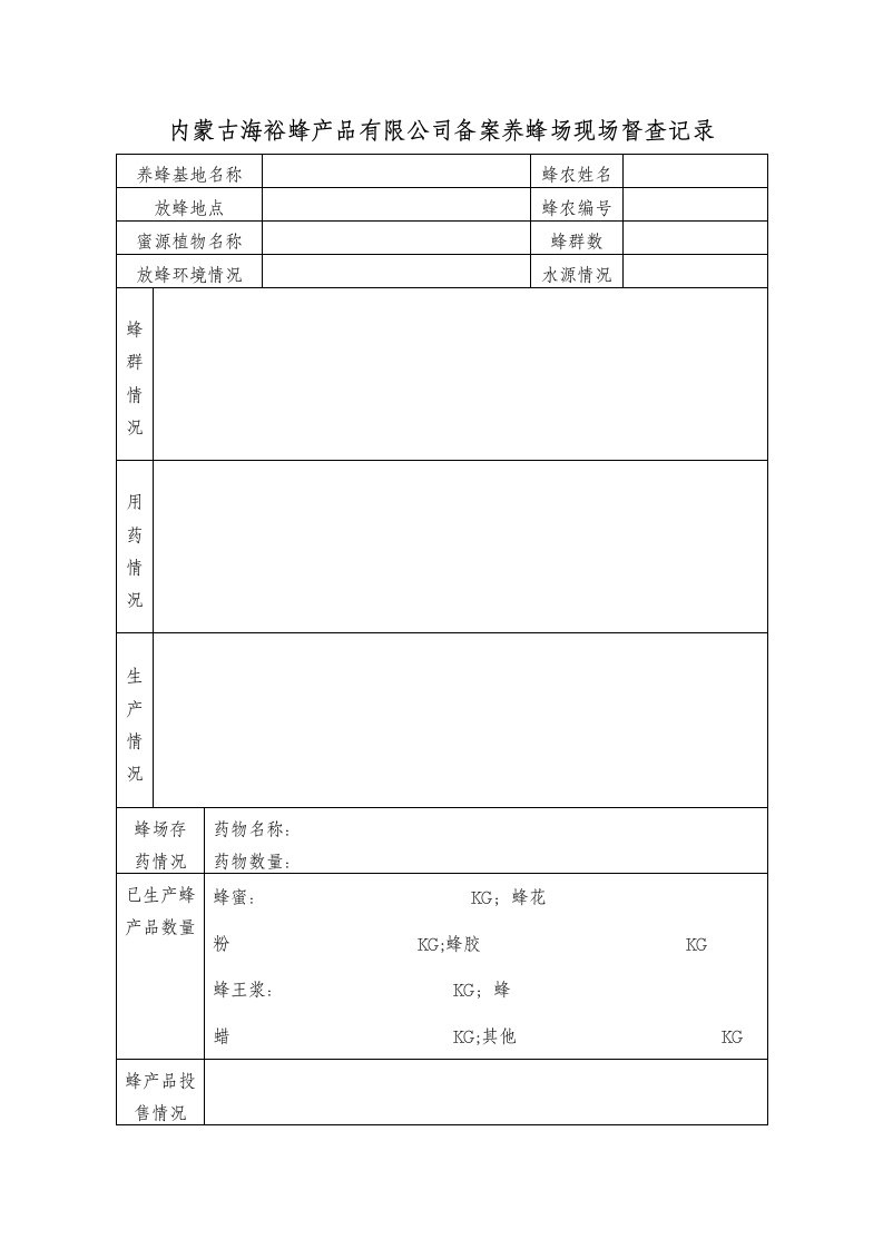 企业备案养蜂场现场督查记录