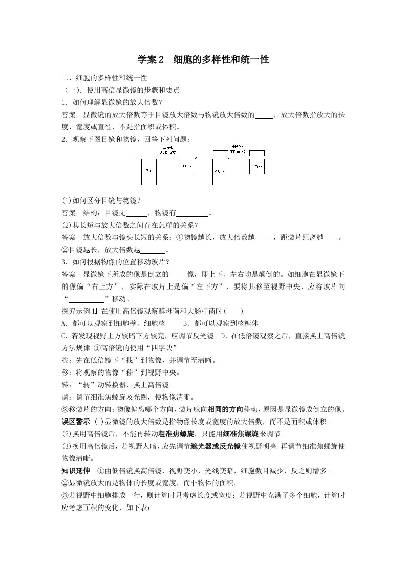 高2014级生物复习细胞的多样性的统一性