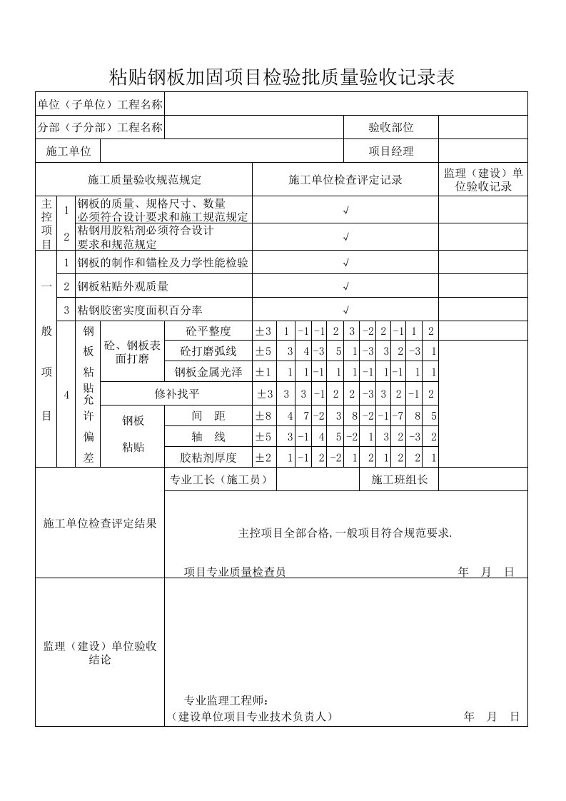 粘贴钢板加固项目检验质量验收记录表(安溪)