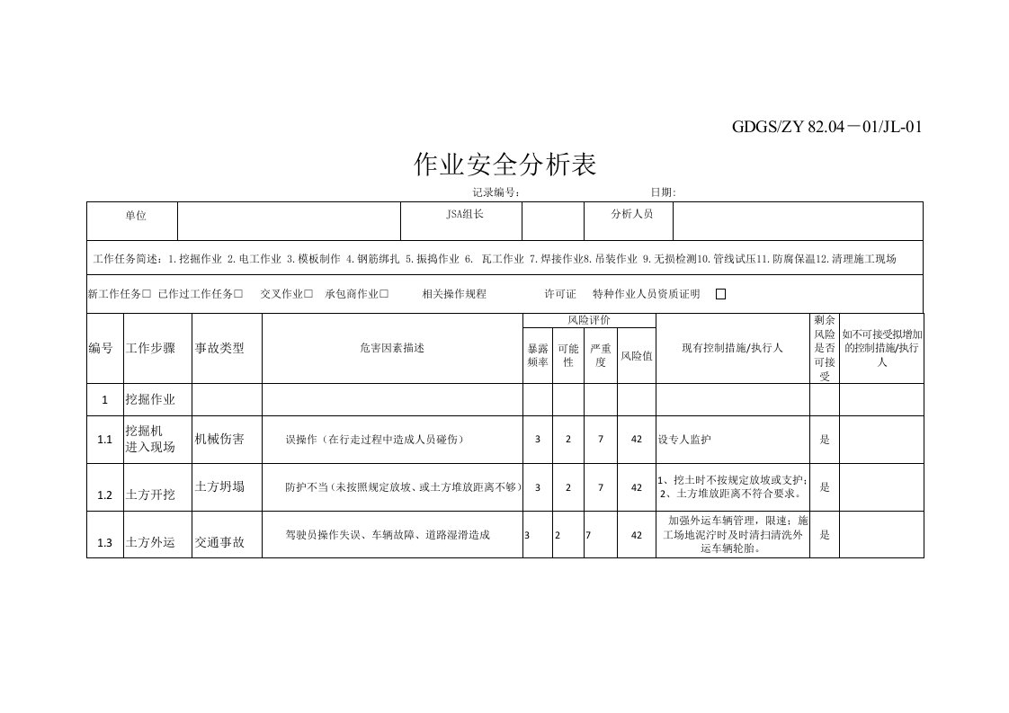 作业安全分析表全