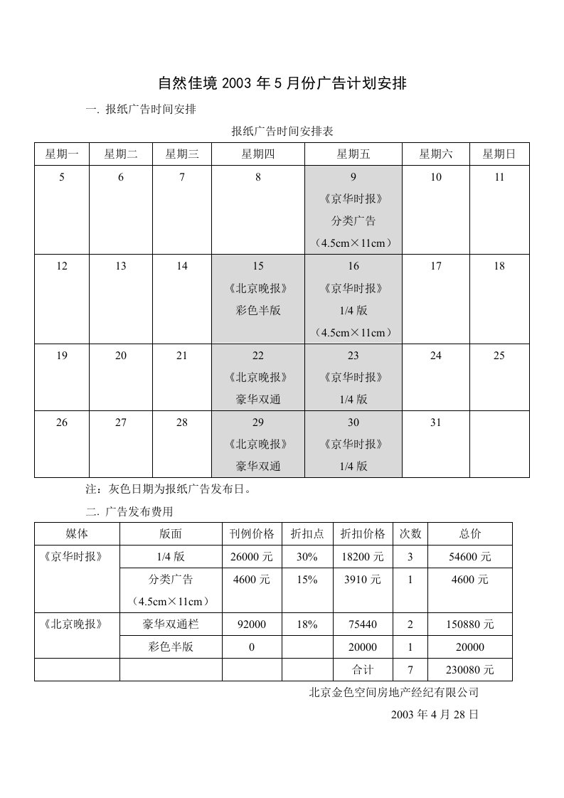 自然佳境5月份广告计划安排（修改）