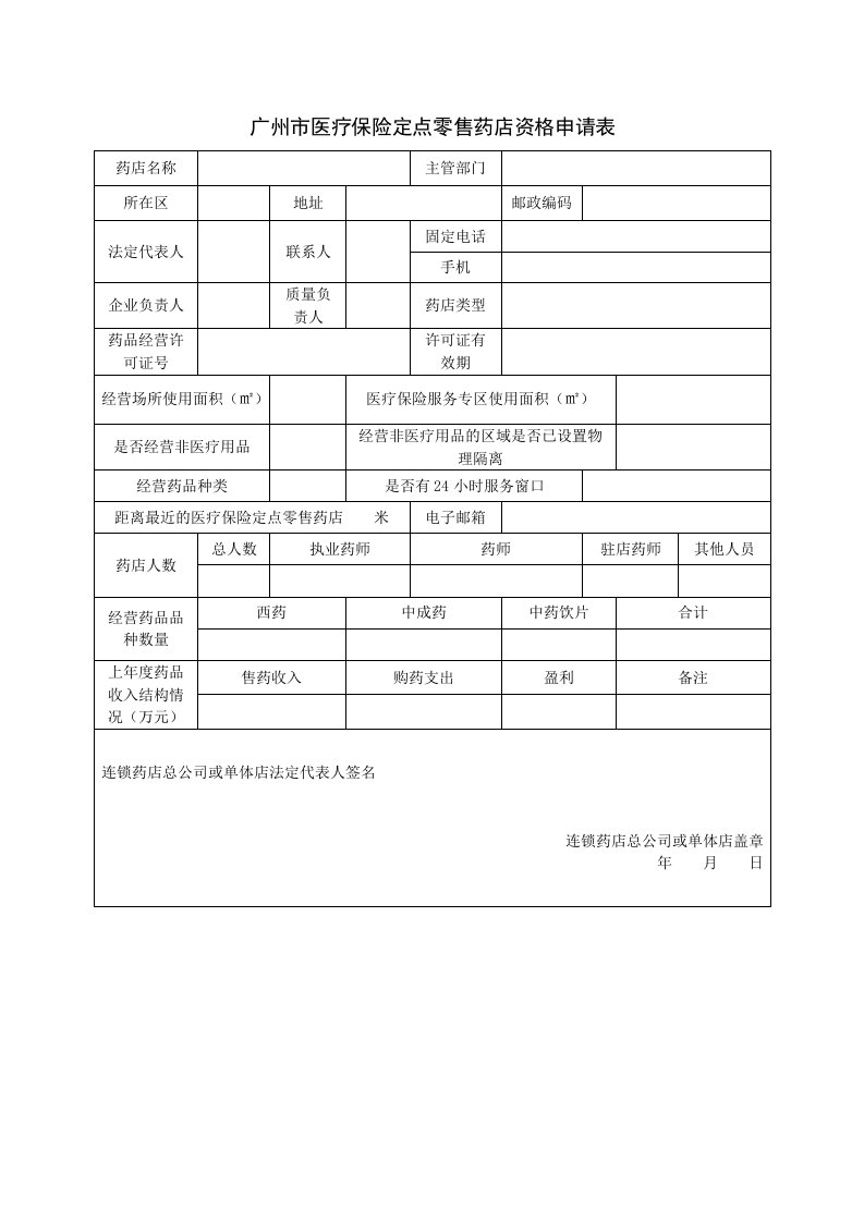 广州市医疗保险定点零售药店资格申请表