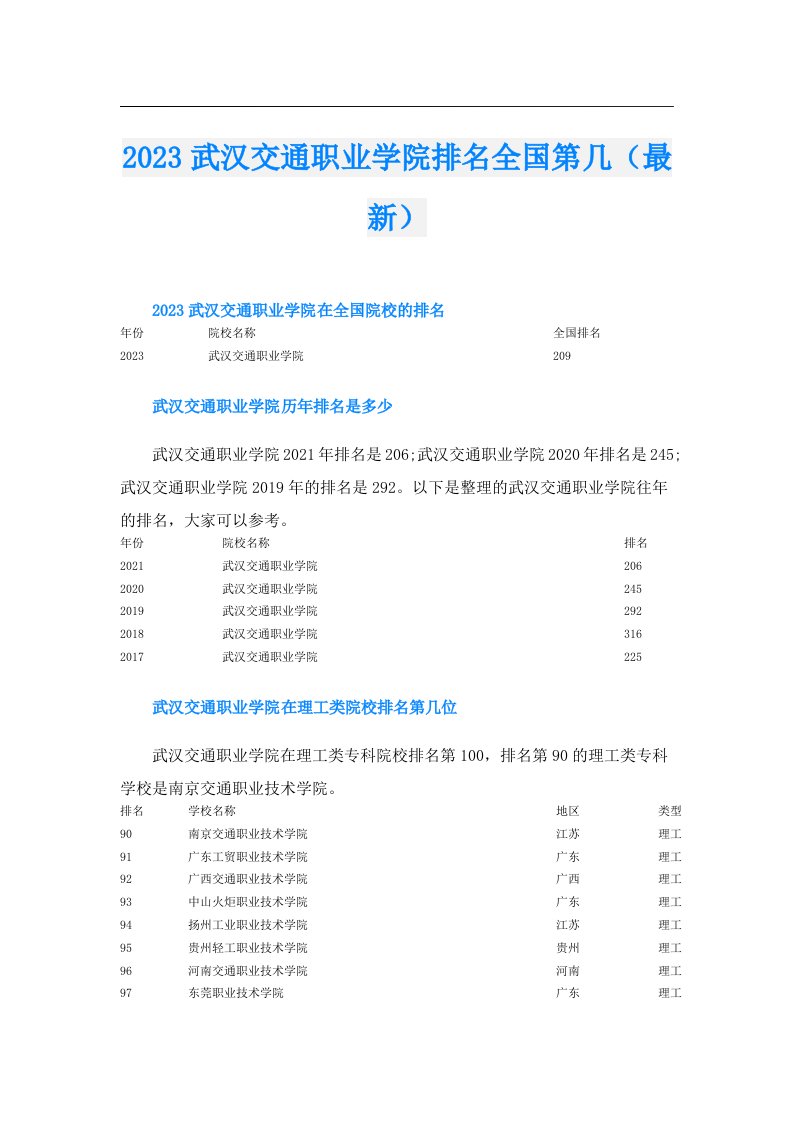 武汉交通职业学院排名全国第几（最新）