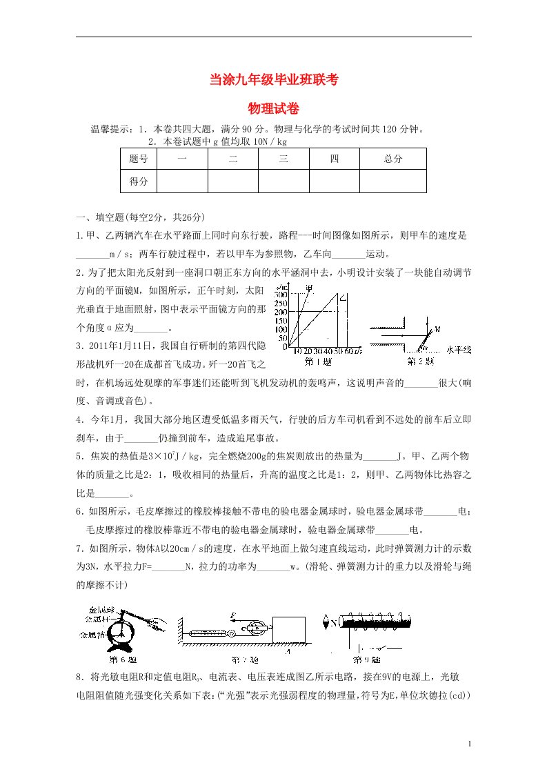 安徽省当涂县九级物理毕业班联考试题