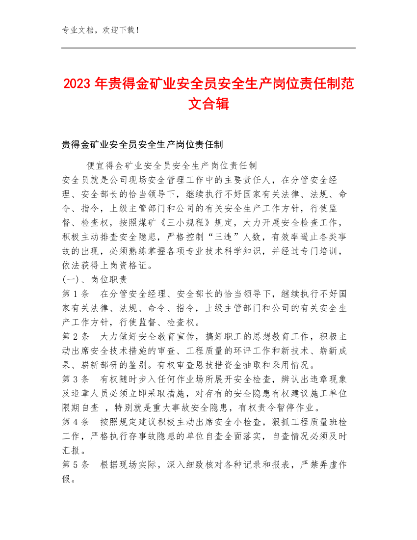 2023年贵得金矿业安全员安全生产岗位责任制范文合辑