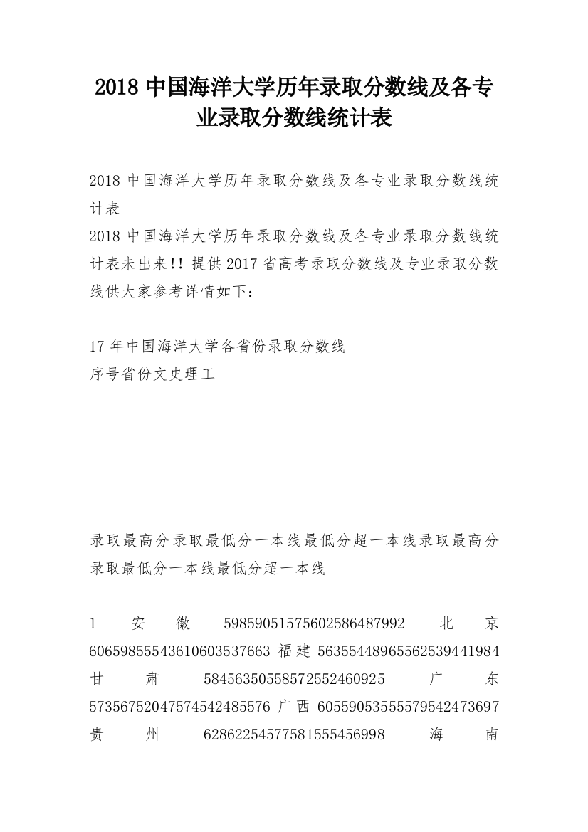 2018中国海洋大学历年录取分数线及各专业录取分数线统计表