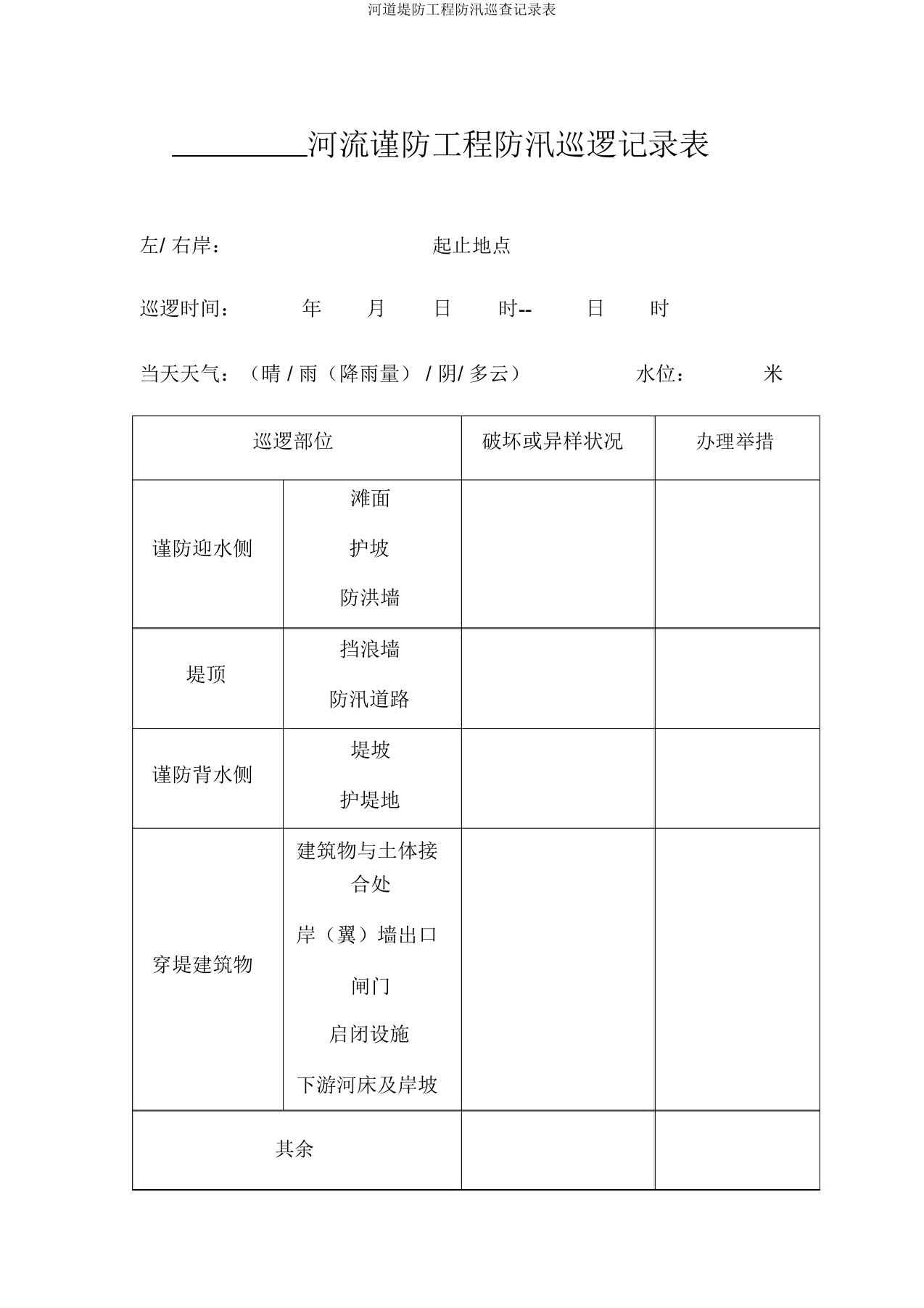 河道堤防工程防汛巡查记录表