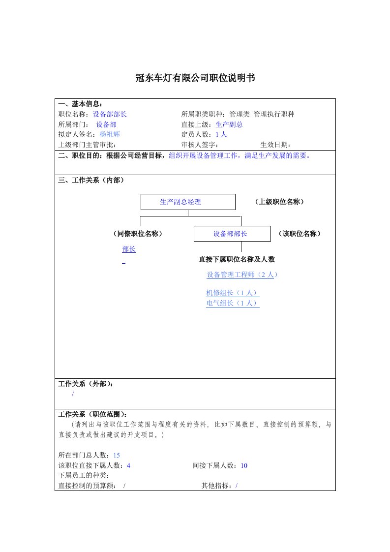 生产管理--冠东车灯公司设备部部长职位说明书