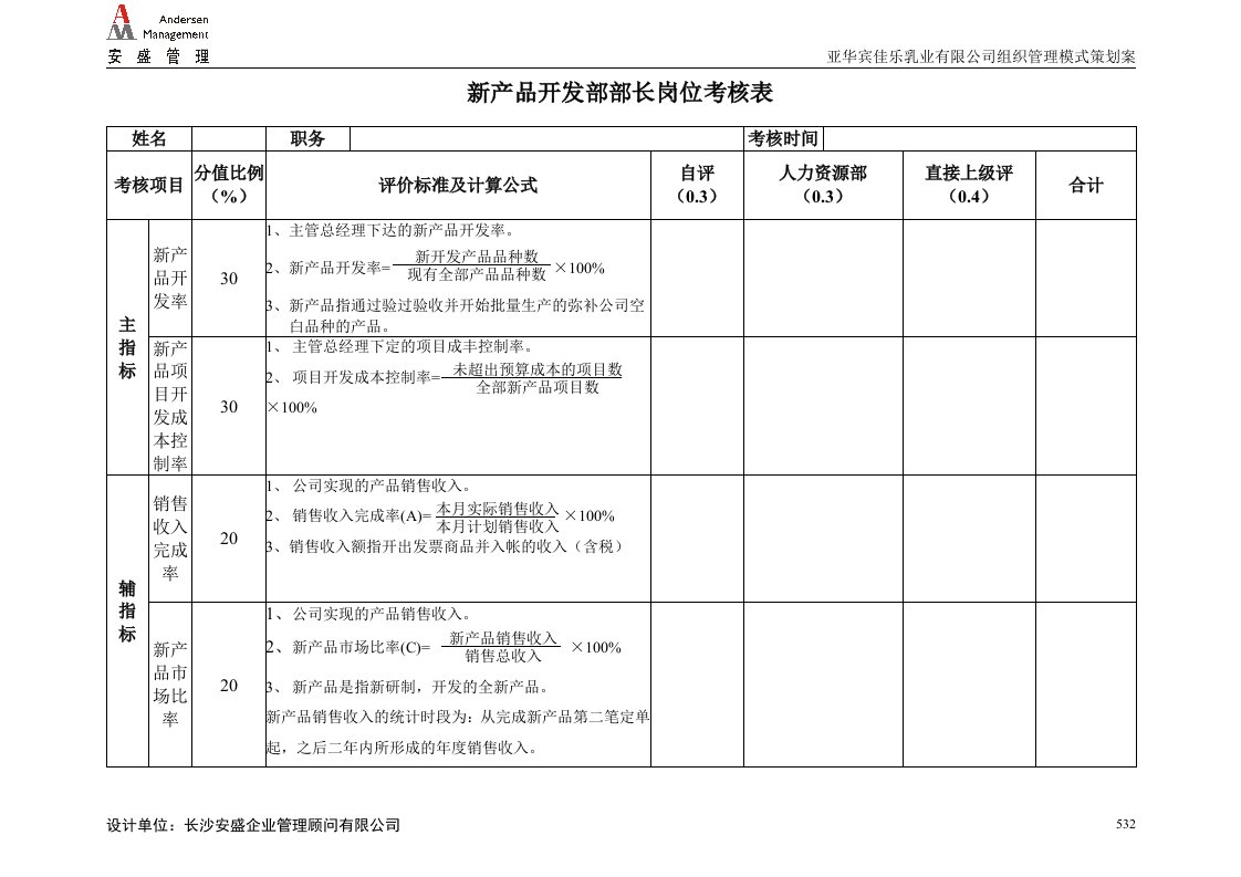 安盛—湖南亚华宾佳乐乳业公新产品开发部考核表