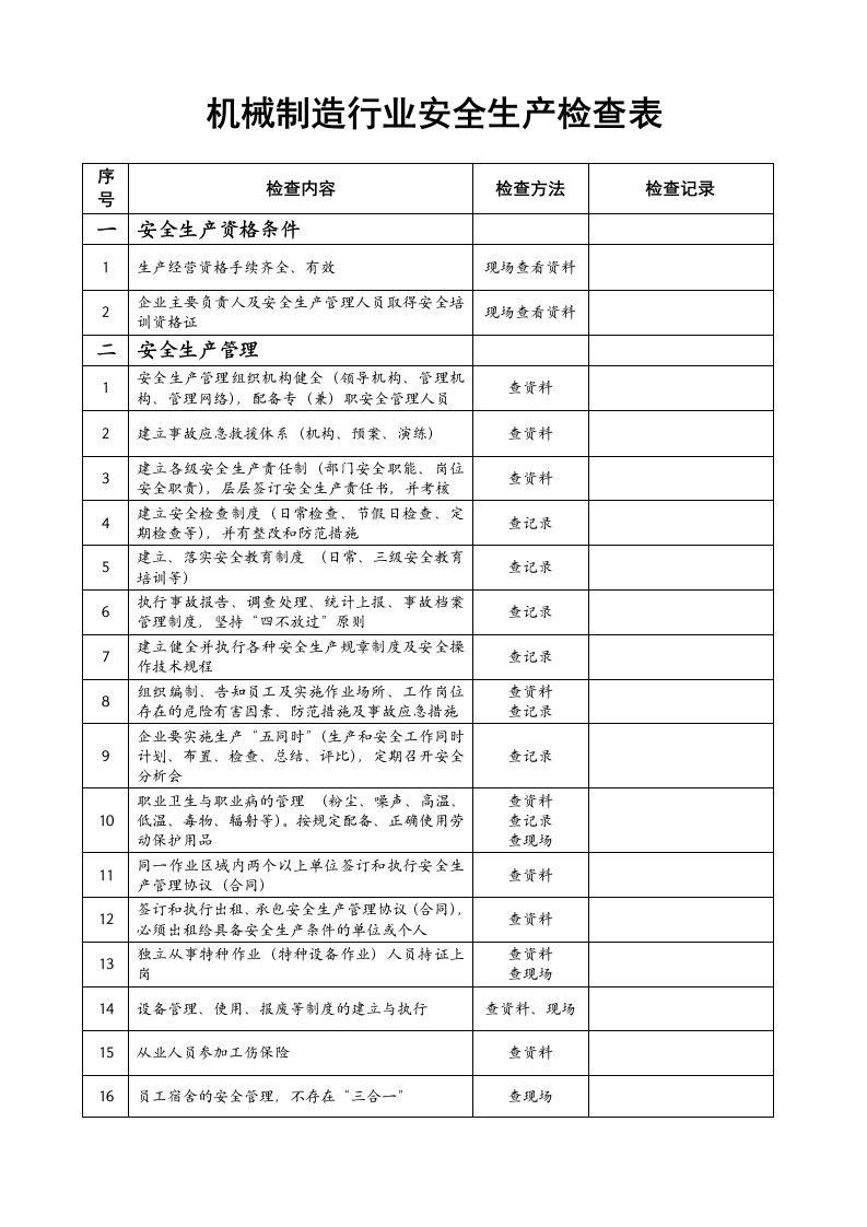 机械行业安全检查表