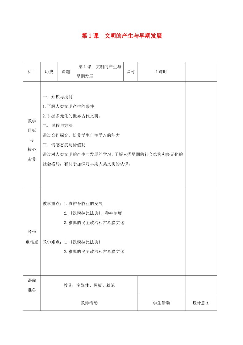 新教材高中历史第1课文明的产生与早期发展教案新人教版必修中外历史纲要下【精品模板】