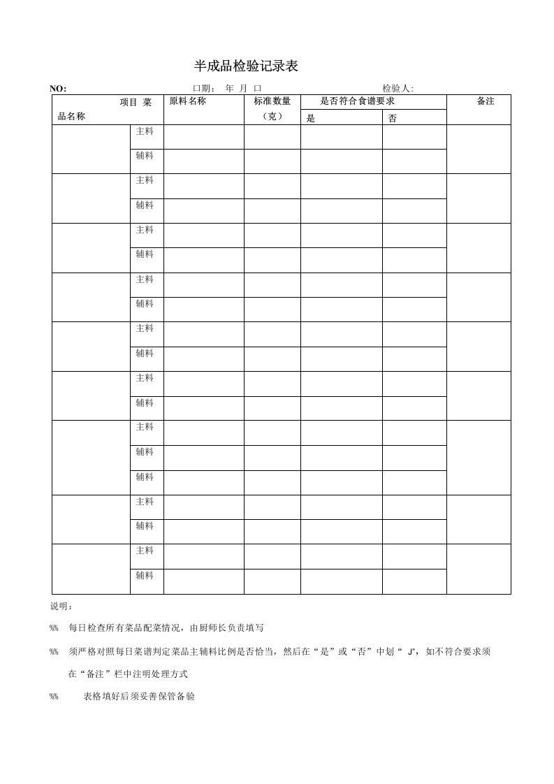 食堂管理记录表格