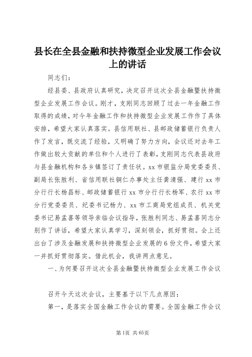 县长在全县金融和扶持微型企业发展工作会议上的讲话_1